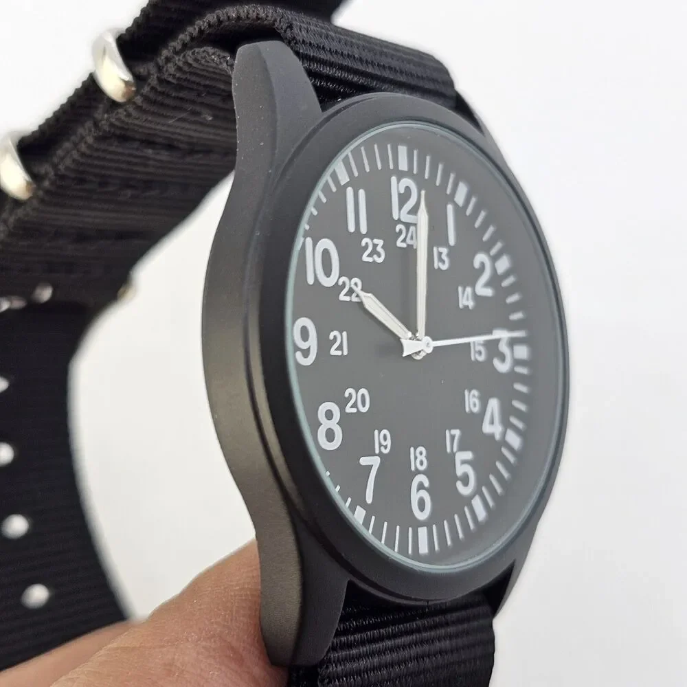Men's Field Watch 42MM Black Case‎ Black Dial Black Canvas Band Strap NewBattery